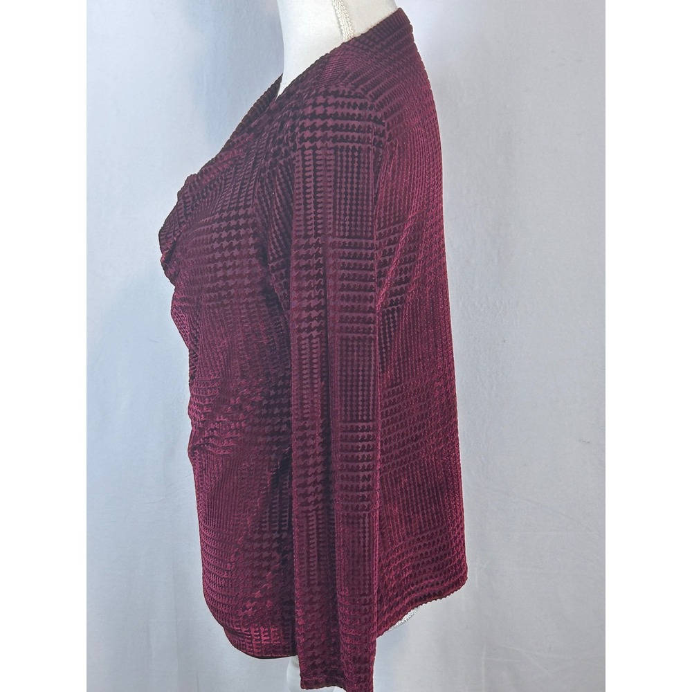 Talbots Burnout Velvet Top Womens Large Burgundy Excellent Cowl Neck Houndstooth - Picture 7 of 10